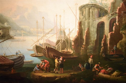 Tableaux et dessins Tableaux XIXe siècle - Abraham Teerlink (1776 -1857) - Paysage côtier avec scène portuaire et ruines